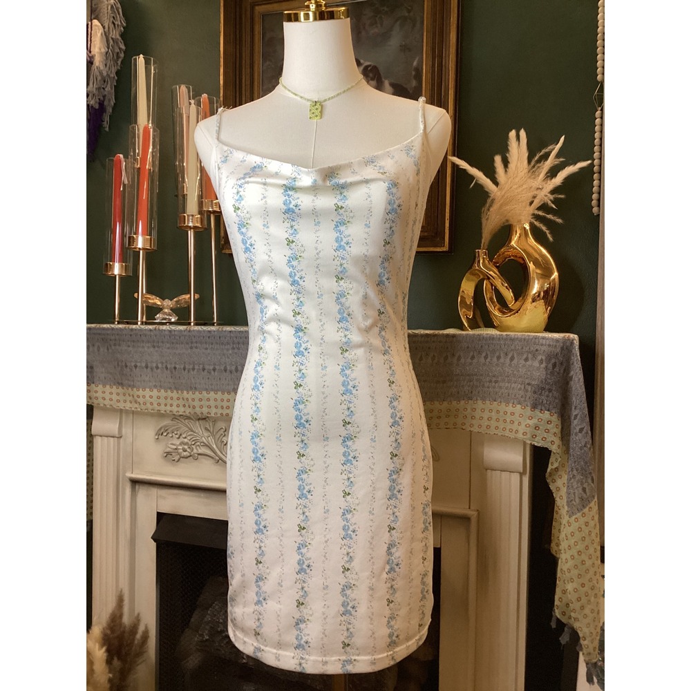 Full Tilt White Blue Floral Stripe Cowl Neck Mini Dress Juniors Medium
